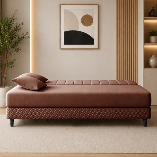 Image of Rosebell Modern 3 Seater Velvet Sofa Cum Bed with Cushion | Premium Upholstered Fabric | Tufted Backrest | Wooden Legs | Living Room Furniture | Brown