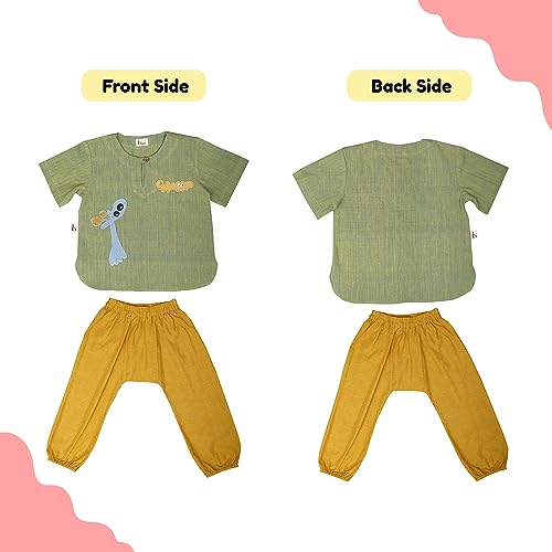 Image of MHYSA Unisex Handblock Printed Khadi Pant Set for Boys and Girls (Light Green & Yellow, 4-5 Years)