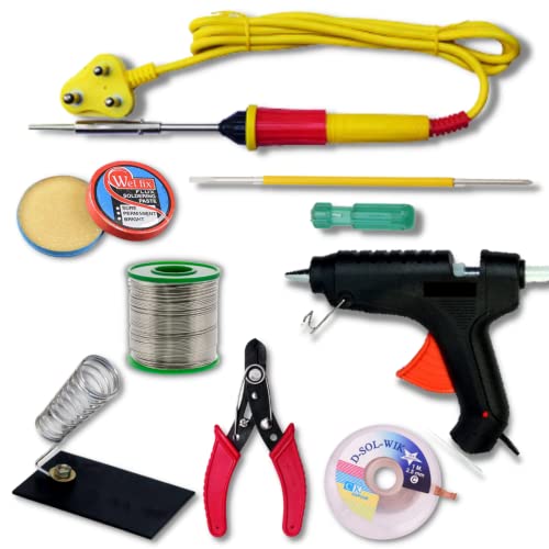 Image of 8 IN 1 Soldering Iron Kit Set, 25W Solder Iron Kit Set with 40W Hot Melt Glue Gun, Wire Stripper, D-Sol-Wik, and Soldering Iron Stand, Soldering Paste Wel Fix, Soldering Wire & Screw Driver.
