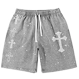 Fkatuzi Men Christian Faith Rhinestone Cross Graphic Y2k Shorts Gym Workout Athletic Acid Wash Shorts Streetwear Cotton(Light Gray,S)