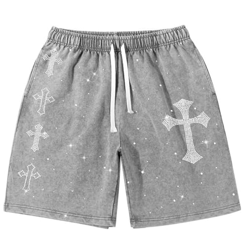 Fkatuzi Men Christian Faith Rhinestone Cross Graphic Y2k Shorts Gym Workout Athletic Acid Wash Shorts Streetwear Cotton(Light Gray M)
