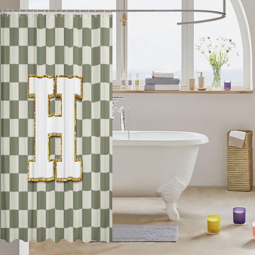 Image of Erosebridal Sage Green Checkered Bathroom Curtain Plaid Initial H Shower Curtain 72 inch Wx72 L Personalized Monogram Bathroom Accessories for Kids Adults,Fashion Grids Gingham Shower Decor