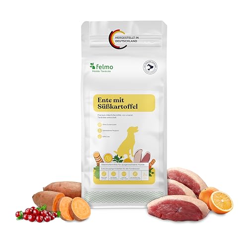 felmo Premium Trockenfutter für Hunde (2 KG) mit 50% Ente – Süßkartoffel & Orange – ohne Zucker- und Getreidezusatz – enthält essenzielle Vitamine, Präbiotika & Omega-Fettsäuren – leicht verdaulich