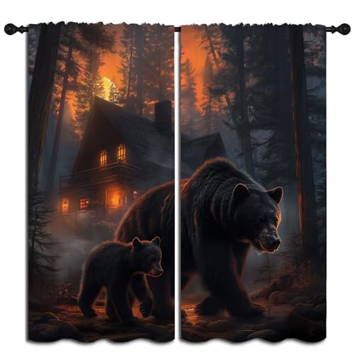 PYMATYTN Black Bear Blackout Curtains for Boys Girl Bedroom Decor,Funny Animals Family Forest Cabin Thermal Insulated Rod Pocket Drapes Darkening Window Curtain for Living Room Home 55x63 inch