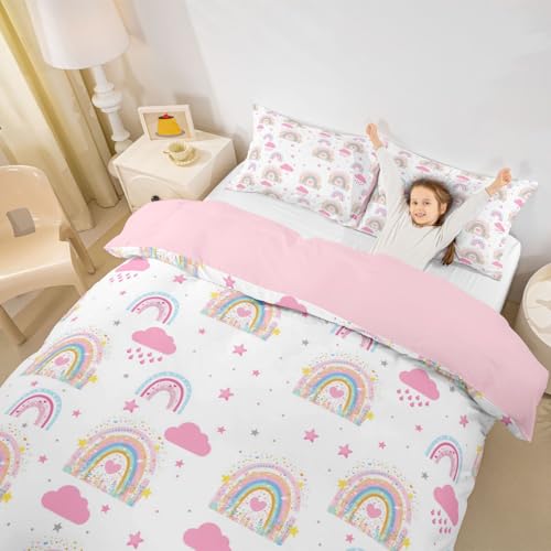 Parure de lit rose imprimé nuage arc-en-ciel avec housse de couette 3 pièces lit King Size