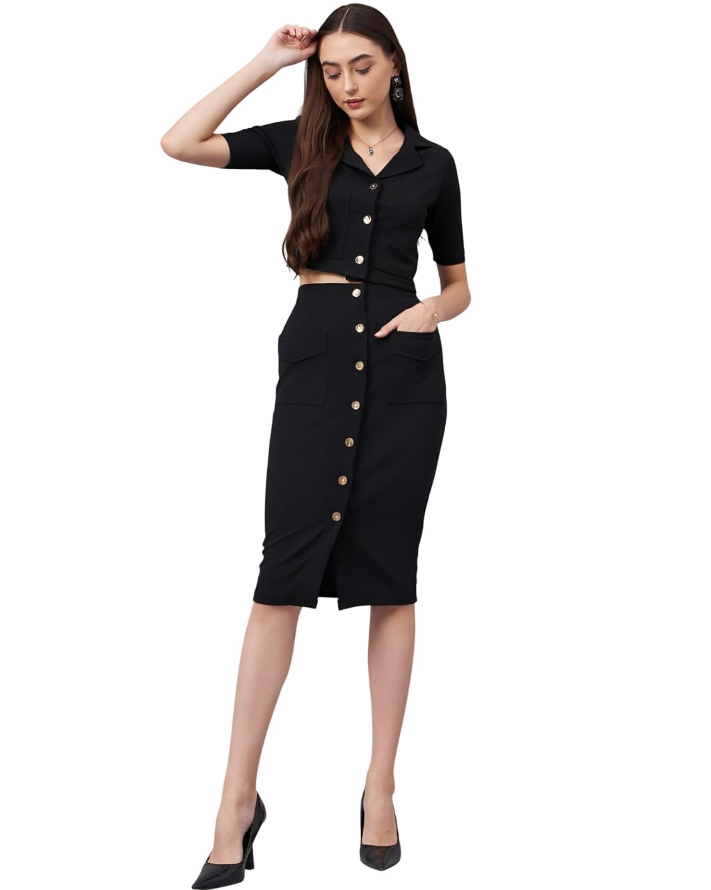 Women’s Crop Blazer and Skirt Set, Shirt Collar Blazer with Button Closure, Short Sleeves, High-Rise Solid Skirt with Pockets and Elasticated Waistband