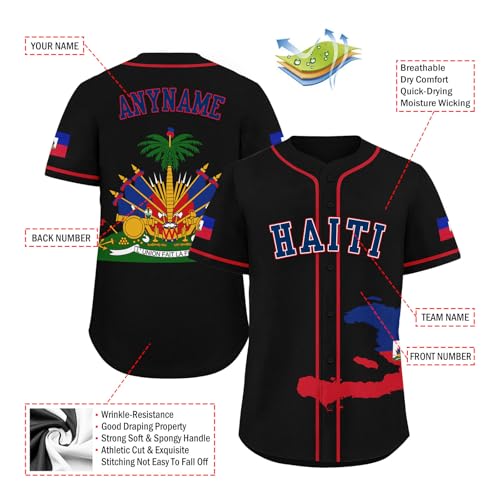Camiseta de Béisbol haitiana para hombre, mujer y jóvenes, personalizada, transpirable con botón y diseño de la bandera de Haití miniatura 4