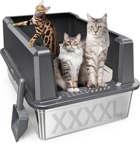 Lettiera per gatti XXXL in acciaio inox con lati alti, 71,1 x 50,8 x 35,6 cm, lettiera extra large per gatti grandi e più gatti, con anti-perdite di urina, facile da pulire