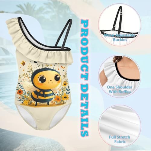 Image of Ladybug Swimsuits for Girls 5-14 One Piece Bathing Suit Kids One Ruffle Shoulder Beach Sport Swimwear