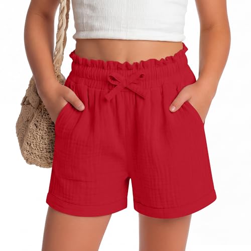 JoyMotion Girls Shorts Kids Cotton Wide Leg Shorts Ruffled Casual Elastic Waist Bottom Bow Basic Summer Clothes with Pocket(Red 9-10 Years)
