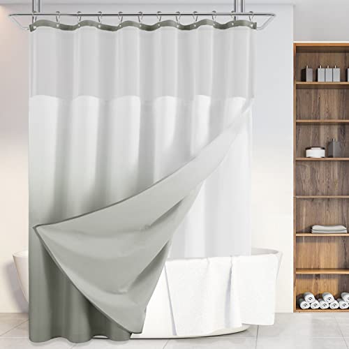 Light Grey Shower Curtain Set with Snap-in Fabric Liner, Ombre Linen Textured Shower Curtain with 12 Hooks - Hotel Style, Water Repellent & Washable, Heavyweight Fabric & Mesh Top Window - 72x72 Light Grey Shower Curtain Set with Snap-in Fabric Liner, Ombre Linen Textured Shower Curtain with 12 Hooks - Hotel Style, Water Repellent & Washable, Heavyweight Fabric & Mesh Top Window - 72x72