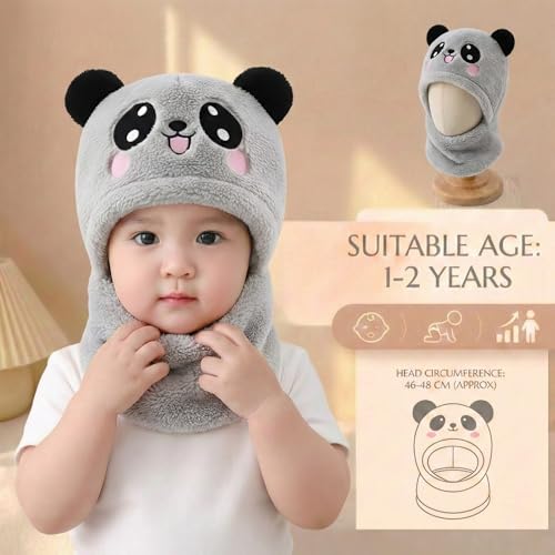 Image of Kraptick Winter Kids Monkey Cap - Cute Panda Plush Balaclava Hat with Neck Warmer Scarf Soft Woolen Fleece Lined Windproof Earflap Hood for Babies -3