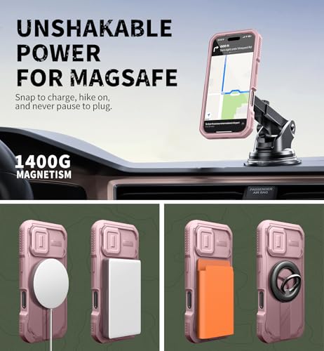 Image of Dexnor for iPhone 17 Case with Slide Camera Cover & Adjustable Kickstand & Built-in Screen Protector, Compatible Wireless Charging, Rugged Cases Heavy-Duty Magnetic Protective Cover, Peony Pink
