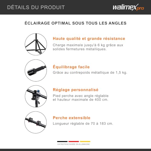 Walimex Pro Trépied À Potence Pied Girafe Hauteur 115 400cm Contrepoids 1 5 Kg Bras D'extension 70 183 Cm Support - vue 5