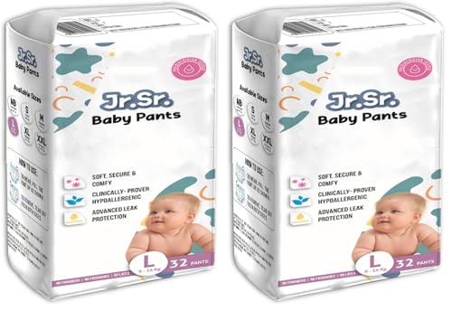 Image of Jr. Sr. Baby Diaper Pants with Advanced Leak Protection | Soft & Comfortable| Large | 9-14 Kg | 32 Counts | Pack of 2