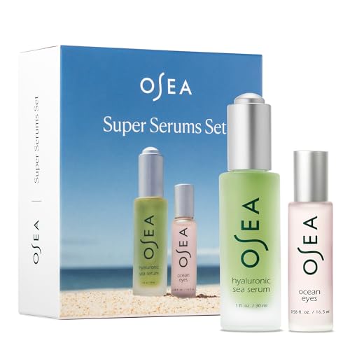OSEA Super Serum Full Size Set – Hyaluronic Acid Sea Serum 1 oz & Ocean Eyes Age-Defying Eye Serum Cooling Roller – Full Size Value – Clean Beauty Set
