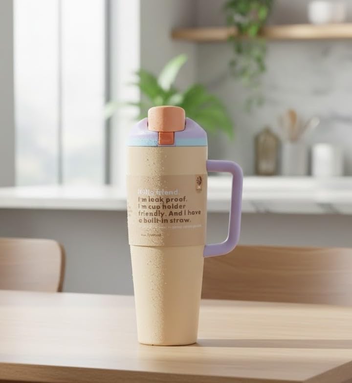 Image of HomeCloud Double-Wall Insulated Stainless Steel Water Bottle with Straw - Leak-Proof Two-Way Spout, BPA-Free, Bucket Handle, Reusable Travel Bottle, Daybreak (H Beige)