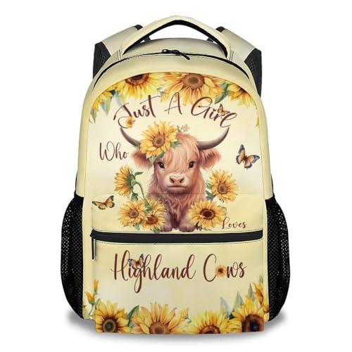 Kids School Backpack - 17 Inch Cute Highland Cow Bookbag for Girls - Durable School Bag for Elementary & Travel