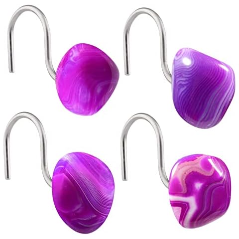SUNYIK 4PCS Irregular Rose Red Agate Stones Decorative Shower Curtain Hooks S-Shaped Stainless Steel Hook Ring for Windows Bathroom Kitchen Home Office Hotel Decoration Cover