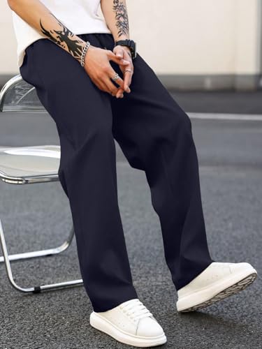 Image of MULAVRI Solid Drawstring Relexed Fit Modern Straight Leg Pants for Men's