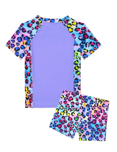Image of Girl Swimsuits 2 Pieces Multicolor Short Sleeve Quick Dry Durable Rash Guard Set with Shorts