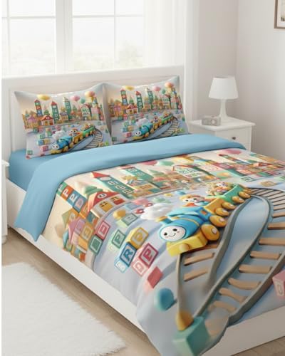 Image of 7D Flat Bedsheet 400TC Sheet Set, Kids Design bedsheet, Floral Design, Decorative Bedding with Daisy Pattern, Kids Room Decor, 90X100 Inch (Train)