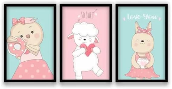 Quadros Decorativos Quarto Menina Ovelha Coelho Papel de Parede Move 1871