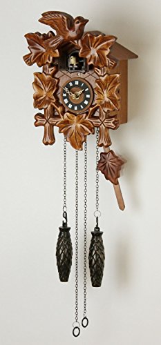 'Uhren-Park Eble' - Black Forest Cuckoo Clock - Battery Operated Quartz Movement - Cuckoo Chime - 10 Different Melodies - Real Wood - 5 Leaves - 22 Centimeters