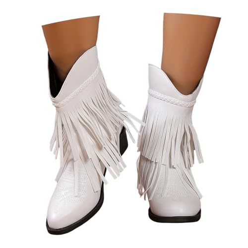 LDXEQIZ Botines De Talla Grande for Mujer Botas Cortas De Punta con Flecos Botas Vaqueras Retro Estilo Western Botines De Tacón Cuadrado De Cuero De PU Zapatos Casuales for Conciertos(White,43 EU)