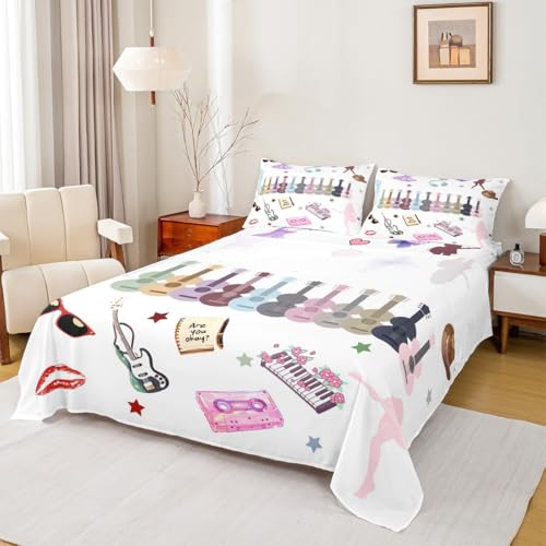 Erosebridal Music Lovers Bed Sheets Set Twin Music Theme Sheet Set Singer Fans White Sheets Fashion Birthday Valentines Day Gift Flat Fitted Sheet