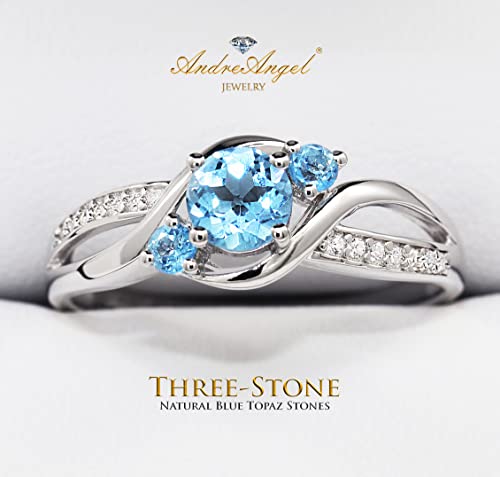 AndreAngel Three-Stone Natural Blue Topaz Gems Engagement Ring for Women 0.5 Carats 5 mm Diameter Solid Sterling Silver 925, Rhodium-Platinum Plated (7)4