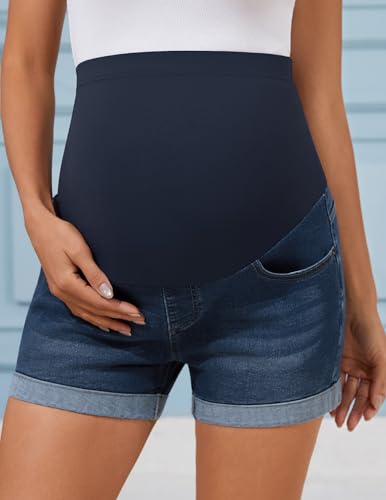 Image of PACBREEZE Women's Maternity Jean Shorts Over Belly Stretch Denim Shorts Trendy Summer Pregnancy Clothes