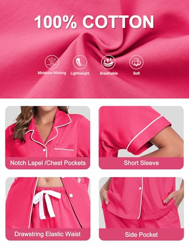 Image of COLORFULLEAF Women's 100% Cotton Pajamas Set Button Down Sleepwear Short Sleeve Shirt and Long Pants Soft Ladies Lounge Sets