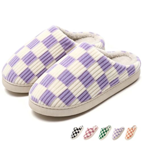 Image of Checkered Slippers for Women and Men - Fuzzy House Slippers with Memory Foam, Comfy Plush Fluffy Indoor House Shoes, Cozy Warm Slip on Bedroom Slippers with Non-Slip Sole