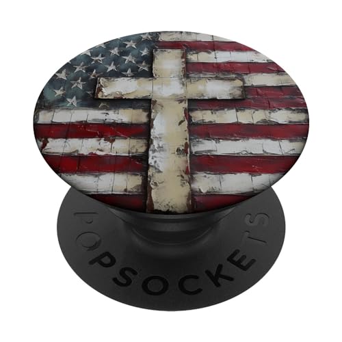 American Flag with Cross Patriotic Design PopSockets Adhesive PopGrip