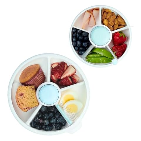 GoBe Kids Macaron Blue Small and Large Snack Spinner Bundle with Hand Strap and Sticker Sheet - Reusable Snack Container with 5 Compartment Dispenser and Lid | BPA and PVC Free | Dishwasher Safe Cover