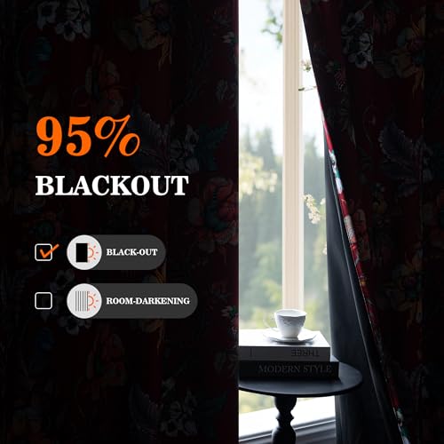 Image of MYSKY HOME 95% Floral Blackout Curtains 63 Inch Length Bedroom Black Out Thermal Insulated Curtain Printed Flower Vintage Style Grommet Window Panels Living Room Kitchen, Pack-2, Terracotta