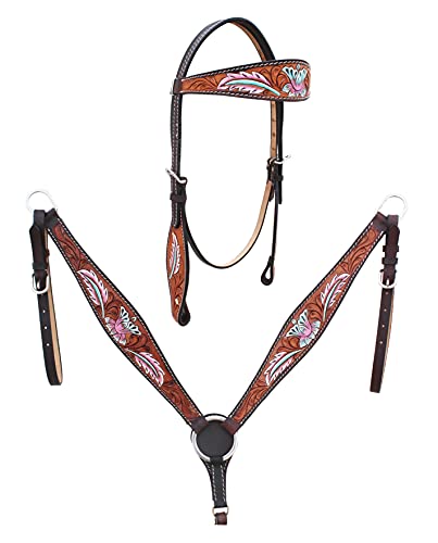 Horse Western Floral Tooled Browband Bridle & Breast Collar Tack Set 78HR54B