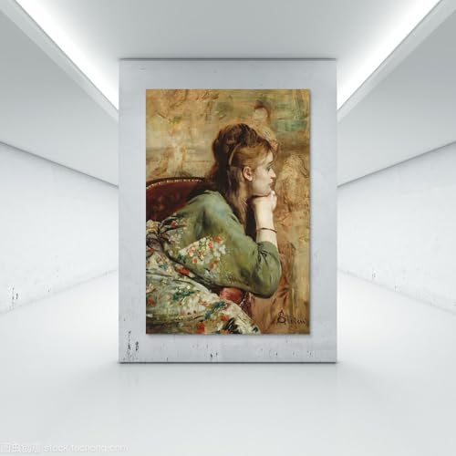 Tableau Alfred Stevens Méditation pour habiller un mur vide toile réalisme 1872
