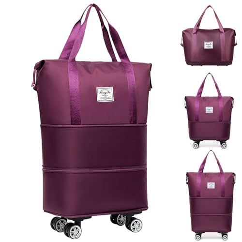 Rolling Duffle Bag with Detachable Wheels Expandable Foldable Duffle Bag for Travel Luggage bag Carry on Weekend Travel Bag (Fuchsia)