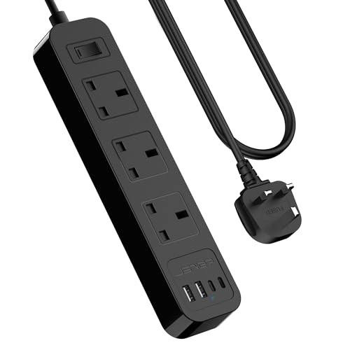 JSVER Extension Lead with USB C Slots Power Strip with 3 Way Outlets and 2 USB C Fast Charger(5V 3.4A) Extension Lead with Switch 2M Extension Cable for Home Office-Black