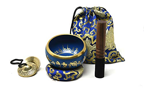 5 Inch Tibetan Meditation Yoga Singing Bowl Set with free Om Tingsha cymbals,wooden Mallet Silk Cushion and Carry bag from Nepal, Singing bowls.