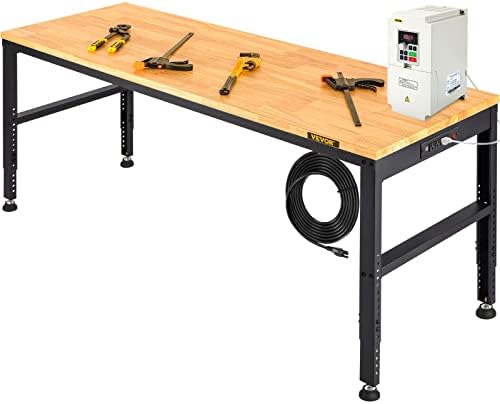 VEVOR 60" Adjustable Workbench, Heavay Duty Workstation 2000 LBS Load Capacity, with Power Outlets & Rubber Wood Top & Metal Frame & Foot Pads, for Workshop Office Home Garage