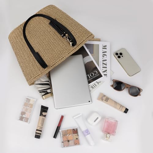 Image of Womens Large Straw Tote Bag Handmade Woven Shoulder Handbag Summer Beach Purse with Tassel