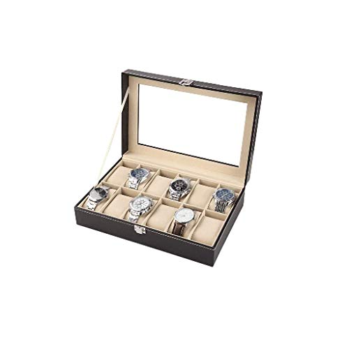 Preisvergleich Produktbild SMEJS Schmuck Box- Halter mit Glasdeckel, Gehäuse mit abnehmbarem Kissen, Samtfutter, Metallschließe, Premium-Uhr-Anzeigen, Kunstleder, Schwarz