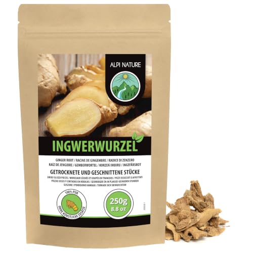 Alpi Nature Raíz de Jengibre en Trozos 250g, Raíz de Jengibre Seca y Cortada para Cocina e Infusiones