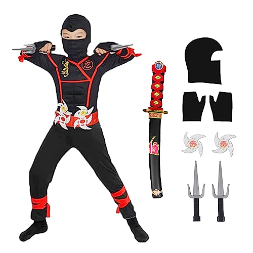 skyllc Ninja Costume Kids, Boys Ninja Cosplay Set with Accessories - for Role Play Halloween Christmas Party Carnival,Size M