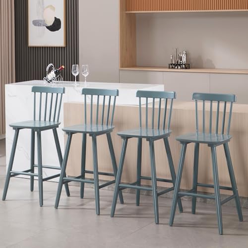 Windsor Bar Stools Set of 4 26 Inch Counter Height Barstools Wooden Barstools with Spindle BackBigger Seat for Kitchen IslandBreakfast BarHome Pub Grey