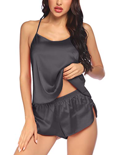 luxilooks Womens Satin Pajama Set Spaghetti Strap Pajamas Silk Loungewear Set,Gray,Medium