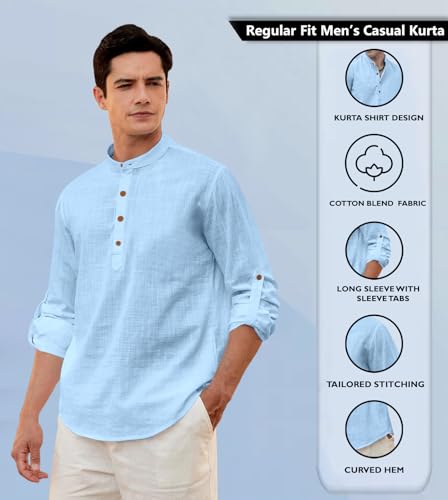 Image of Zombom Men's Solid Cotton Polyester Blend Straight Kurta Shirt, Regular Fit Full Sleeve Short Kurta Shirt